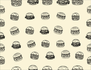 doodle burger pattern background. doodle fast food burger seamless pattern background. seamless pattern of hamburger in doodle style. Seamless Pattern of a Cheese Burger or Hamburger.