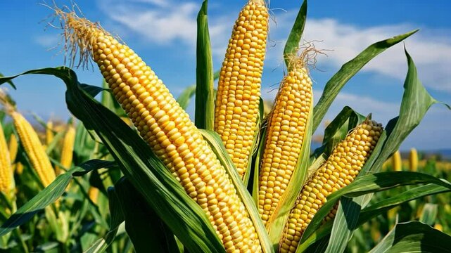 A field of corn with a few yellow corn cobs