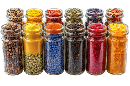Variety of colorful spices displayed in glass jars on a white surface