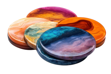 Colorful resin coasters showcase abstract designs with vibrant patterns and textures perfect for home decor or gifts