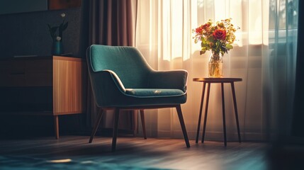 Teal armchair near window with roses in vase
