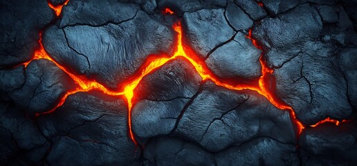 Cracked Lava Surface with Intense Red Glowing Fissures, Volcanic texture and contrast