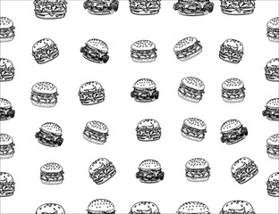 doodle burger pattern background. doodle fast food burger seamless pattern background. seamless pattern of hamburger in doodle style. Seamless Pattern of a Cheese Burger or Hamburger.