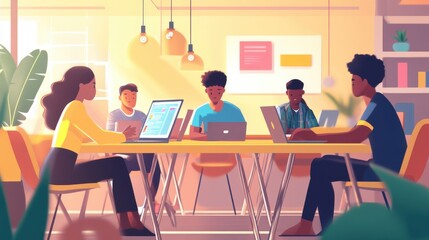 A diverse group of young adults collaborating in a bright, modern workspace, engaged in discussions and using laptops, with plants and stylish decor enhancing the atmosphere