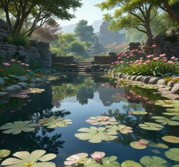 Ancient stone walls surrounding a tranquil pond with water lilies and lotus flowers , natural, wall