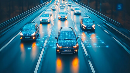 The Future of Driving: A futuristic digital overlay transforms a car driving down a highway into a symbol of innovation and technological advancement. The car is a beacon of progress.