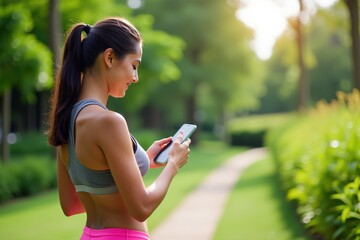 Young Woman Enjoying Nature While Using Smartphone in a Lush Green Park During Sunlight—Perfect Scene for Fitness and Technology Concepts