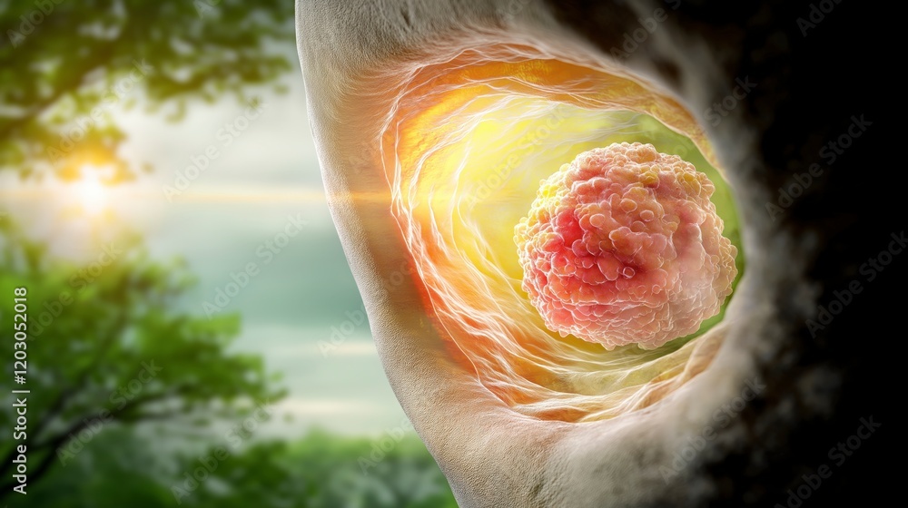 Poster abstract depiction of cellular structure with focus on vibrant nucleus and surrounding organic envir