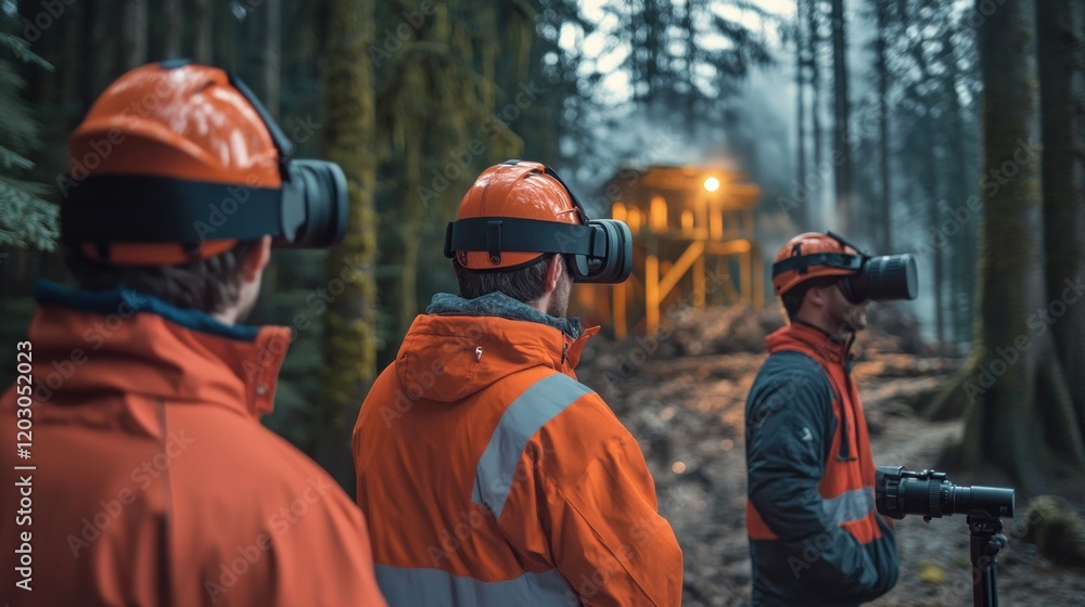 Aufkleber Workers in orange using virtual reality headsets in a forest