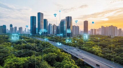 Smart City Skyline Featuring Integrated Technology and Greenery