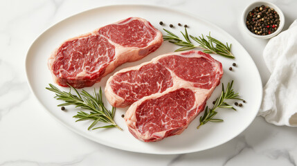 Fototapeta premium Three Raw Ribeye Steaks with Rosemary and Peppercorns