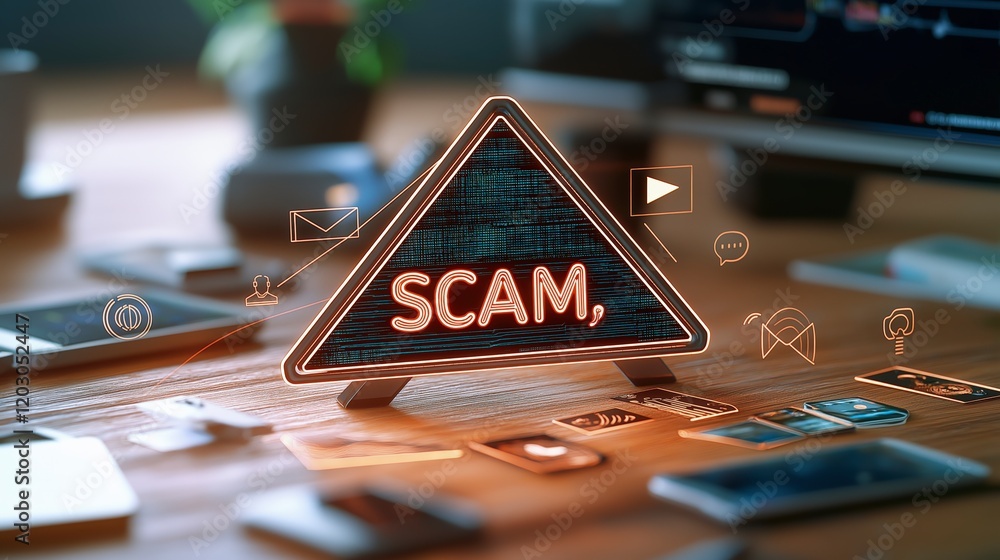 Poster warning triangle shining with the word scam on a modern desk surrounded by technology and devices