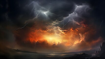 Fototapeta premium Dramatic rainbow cutting through a backdrop of dark ominous storm clouds creating a powerful and natural scene in a moody atmospheric landscape