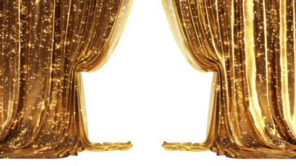 Glitter golden curtains reveal grand opening stage, isolated on white background