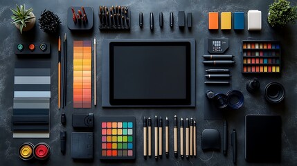 Creative workspace tools arrangement home office flat lay modern artistic