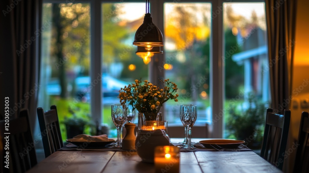 Poster romantic dinner table setting near window with flowers
