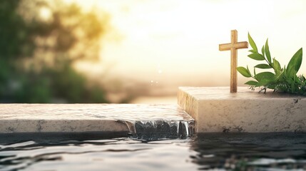 Fototapeta premium Wooden Cross with Water Flowing Over Stones and Greenery Under Soft Natural Light in Serene Environment