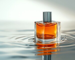 A square perfume bottle with orange liquid inside, floating above water ripples on a white background, product photography