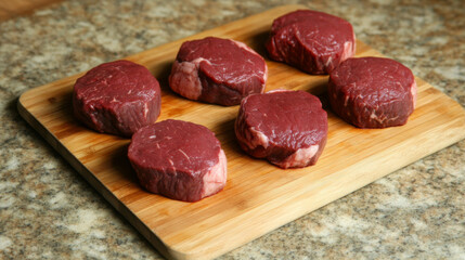 Raw Filet Mignon Steaks on Wooden Cutting Board