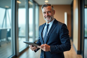 Fototapeta premium Confident Businessman Holding Tablet in Modern Office Environment with Panoramic City View, Showcasing Professionalism and Leadership