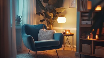 Cozy Teal Armchair Evening Living Room Scene