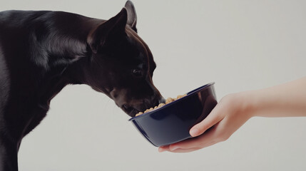close-up of a sleek black dog eating from a blue bowl held by a hand, highlighting care, nutrition, and the bond between pets and owners, perfect for pet food and care themes