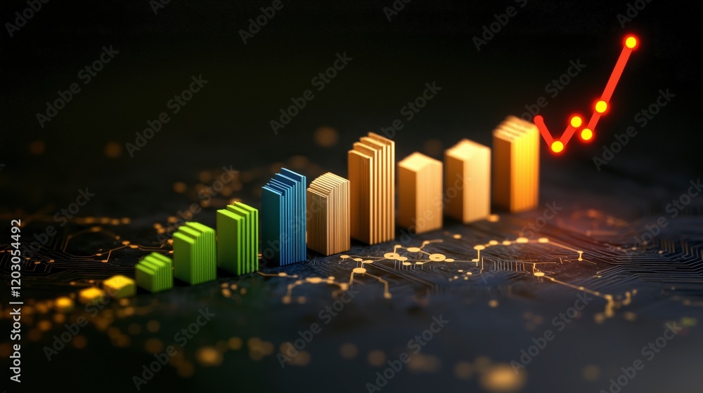 Poster colorful bar chart rising above circuit board pattern representing financial growth and data analysi