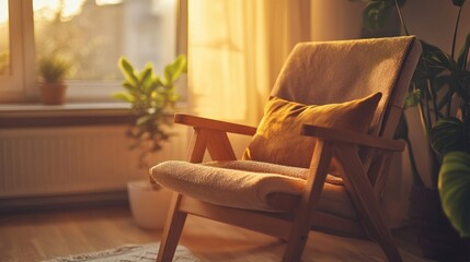 Wooden armchair bathed in warm sunlight near plants