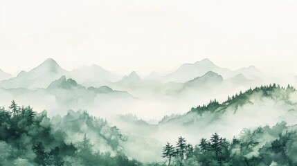 Obraz premium Watercolor of landscape forest misty mountains horizon and fog and hills,pine tree fir tree,Autumn forest background,drawn by hand,Autumn illustration design elements for landscape,wallpaper.