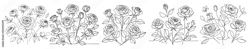 Wall mural vector set of roses with continuous line style
