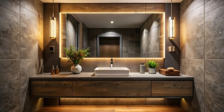 A dimly lit bathroom with a minimalist vanity and sleek countertops, illuminated by a single overhead light fixture, creating an intimate ambiance , minimalist, sleek