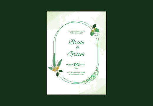 Wedding Invitation Card with Event Details in Green and White Color.