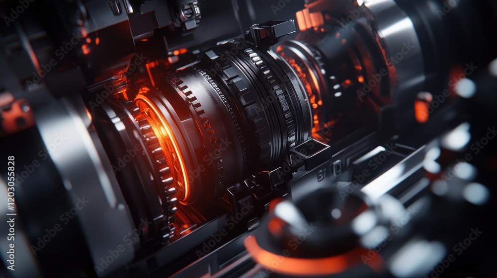 Poster glowing orange gears inside complex machine mechanism