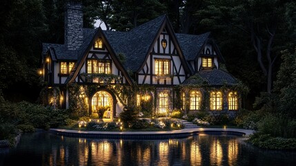Fototapeta premium A charming Tudor-style home with a fairy-tale roof, white and black finishes, a glowing pool, and lush landscaping illuminated at night, isolated on black, 4K render
