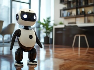 A friendly humanoid robot stands in a modern office environment, showcasing advanced technology and design, with a sleek workspace and greenery in the background