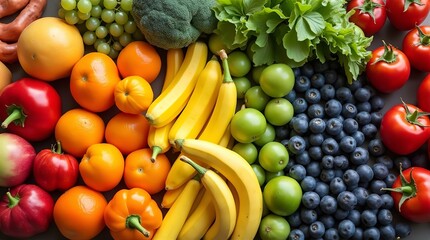Vibrant Assortment of Fresh Fruits and Vegetables, Ripe Bananas, Plump Blueberries, Tomatoes, Broccoli, Lettuce, and Oranges Displayed in a Flat Lay, Overhead Shot, Vivid Colors, Sharp Focus
