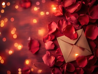 Romantic Valentine s Day Red Rose Petals Love Letter Gold Envelope Soft Lights