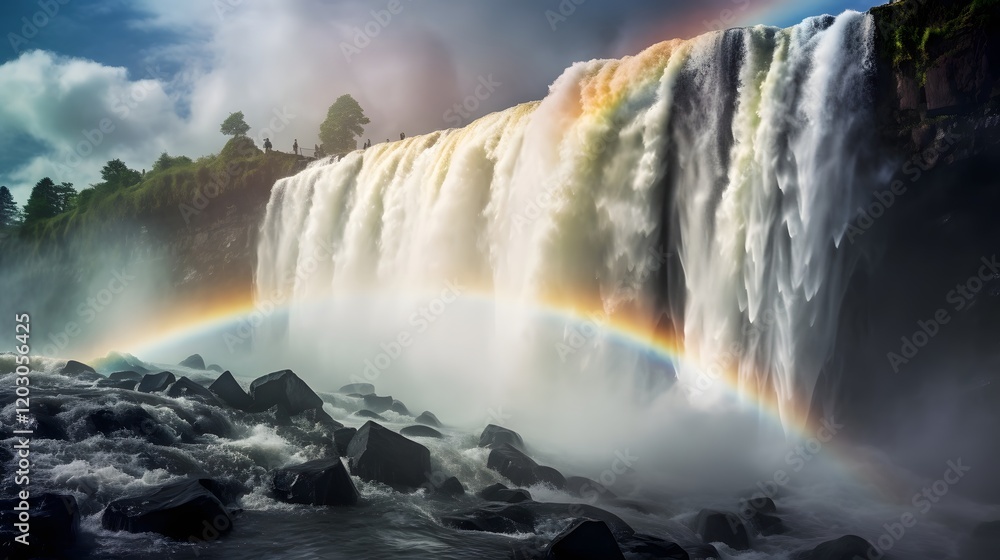 Poster captivating fusion of a powerful waterfall cascading into a misty abyss with a vibrant rainbow blend