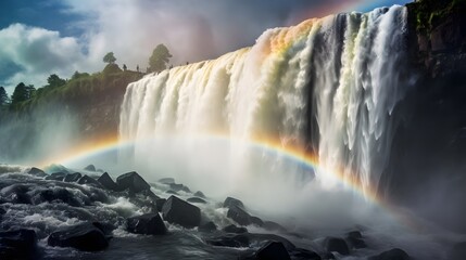 Fototapeta premium Captivating fusion of a powerful waterfall cascading into a misty abyss with a vibrant rainbow blending seamlessly into the ethereal scene creating a breathtaking and visually striking natural wonder