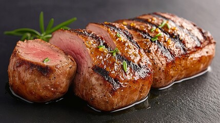 Grilled steak sliced, showcasing juicy, tender meat with a garnish of herbs on a dark slate surface.