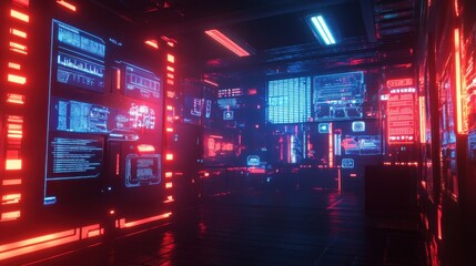 Fototapeta premium A futuristic control room filled with glowing screens displaying data and graphics, illuminated by vibrant red and blue lights, creating a high-tech atmosphere