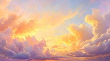 Fototapeta premium Golden Hues Of A Sunset Sky With Fluffy Clouds