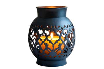 Unique decorative lantern casting warm light in an intricately designed holder