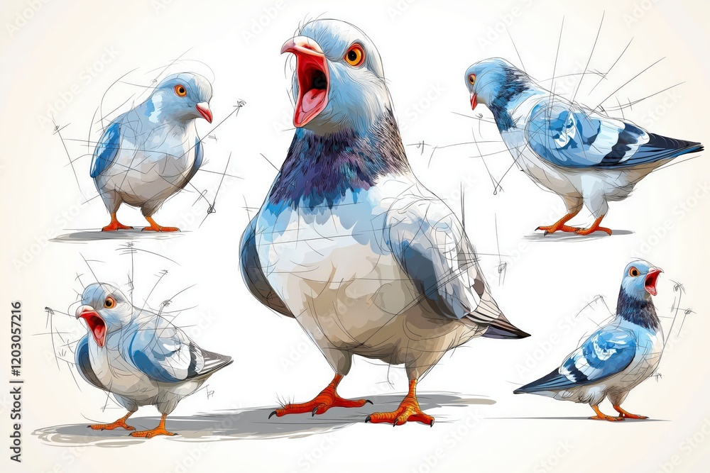 Poster colorful illustrations of a pigeon with expressive features and dynamic poses in a creative design s
