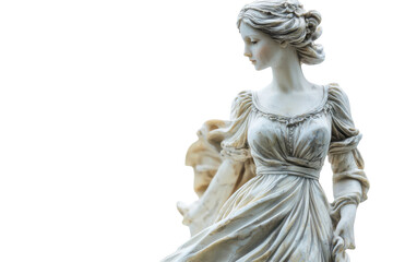 Elegant sculpture of a woman in flowing dress captured against a bright background in an art exhibition