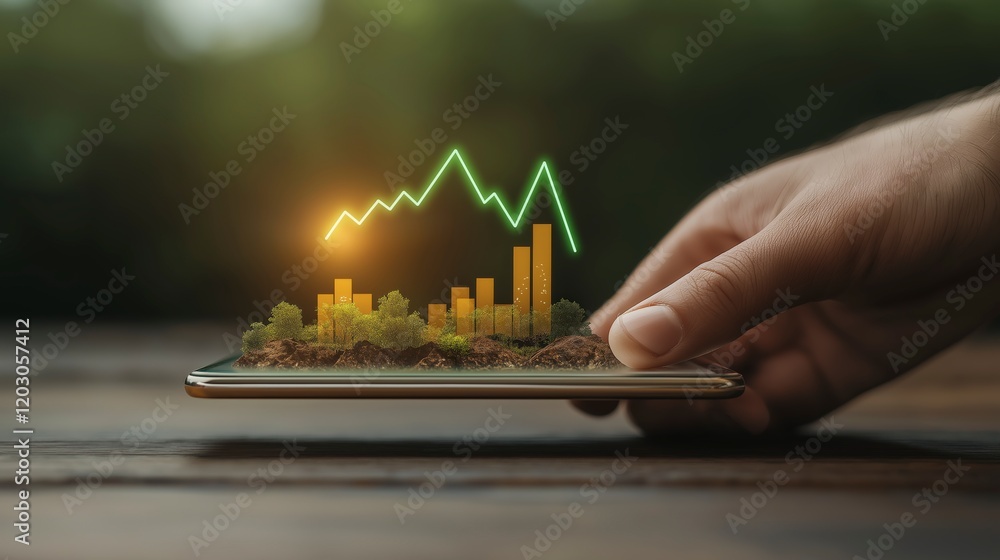 Poster conceptual image of smartphone displaying 3d graph with trees representing growth and sustainability