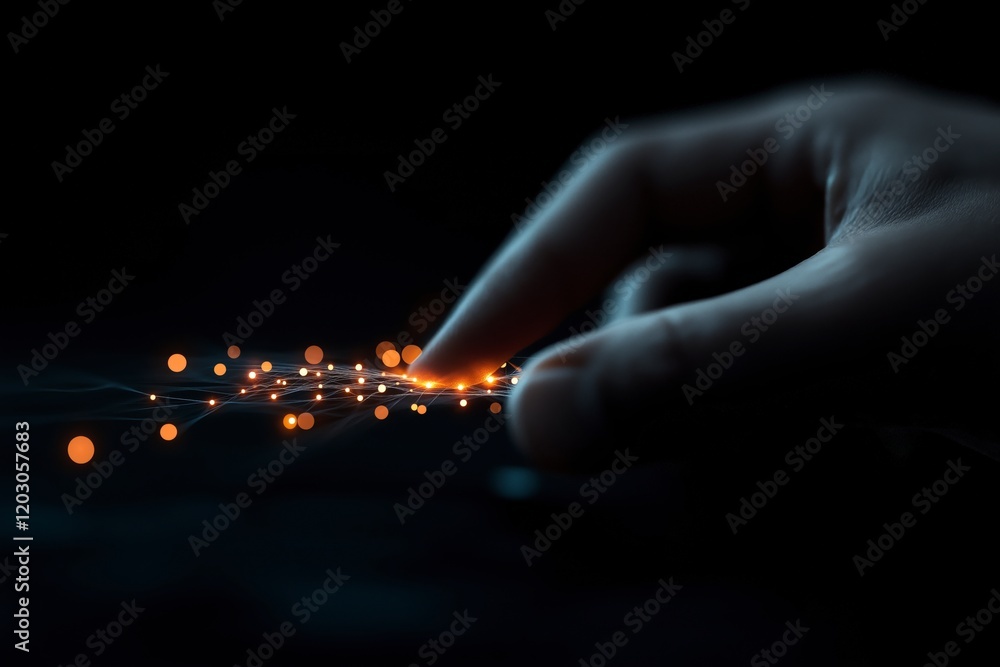 Poster hand reaching towards floating glowing particles in a dark futuristic environment