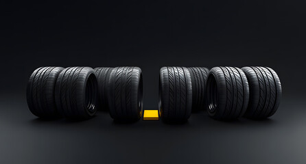 Black Tires Aligned on Dark Background with Yellow Accent