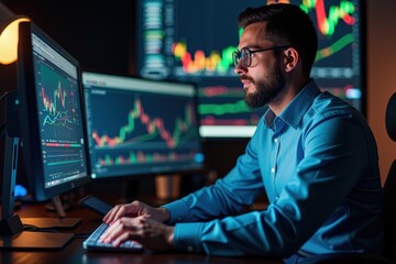 Focused Trader Analyzing Stock Market Trends on High-Tech Computer Screen, Surrounded by Financial Graphs and Charts in a Dark Office Environment