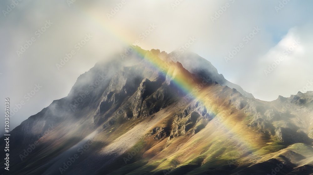 Poster faint rainbow visible through a light mist in the mountains creating a serene and ethereal landscape